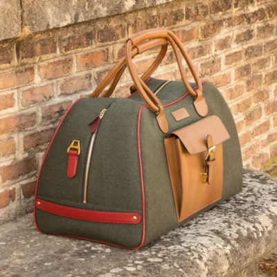 Travel Duffel Bag Olive Green Flannel and Leather
